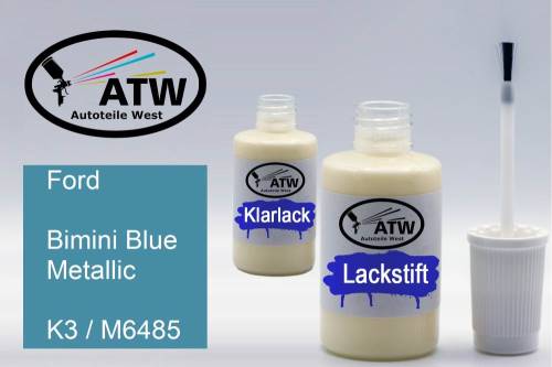 Ford, Bimini Blue Metallic, K3 / M6485: 20ml Lackstift + 20ml Klarlack - Set, von ATW Autoteile West.